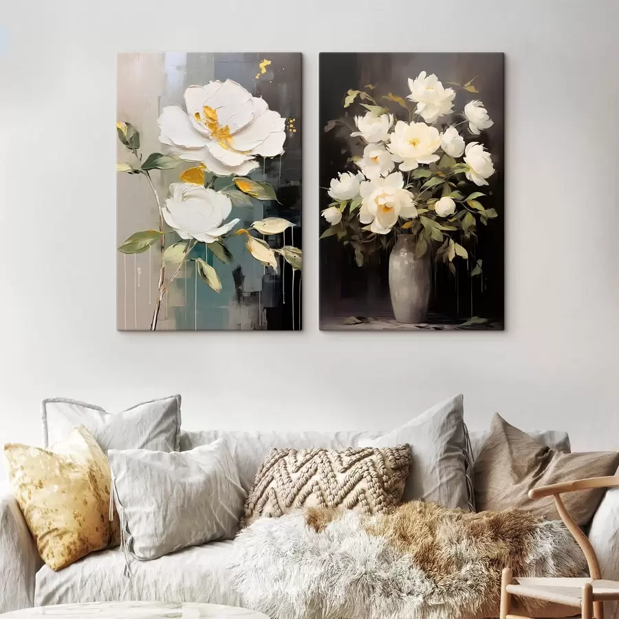 wall murals White peonies on a dark background: decorative composition m00634