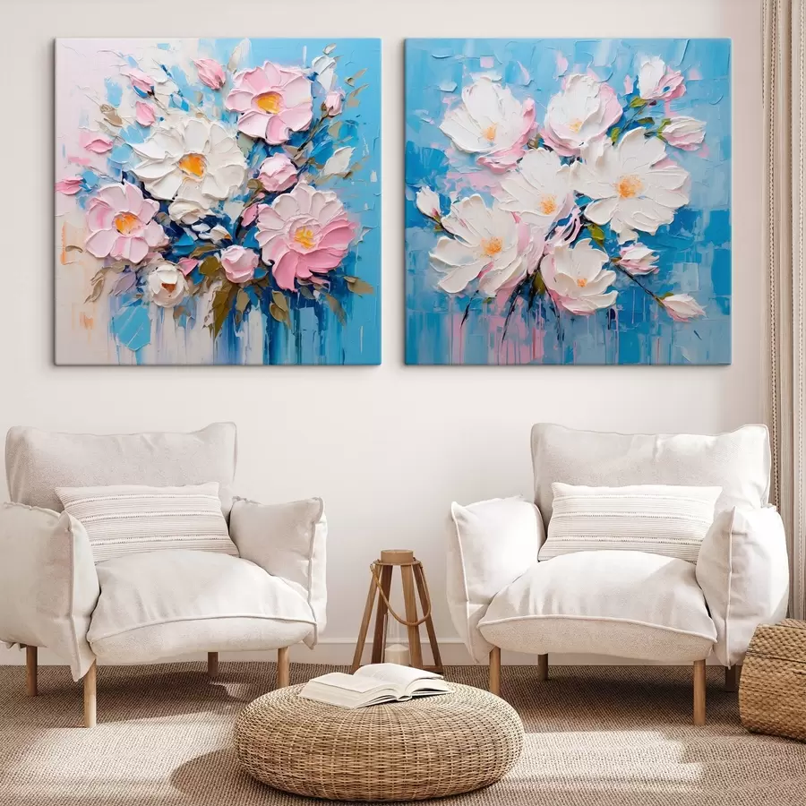 murales Flores abstractas: composición decorativa en tonos rosas y azules m00643