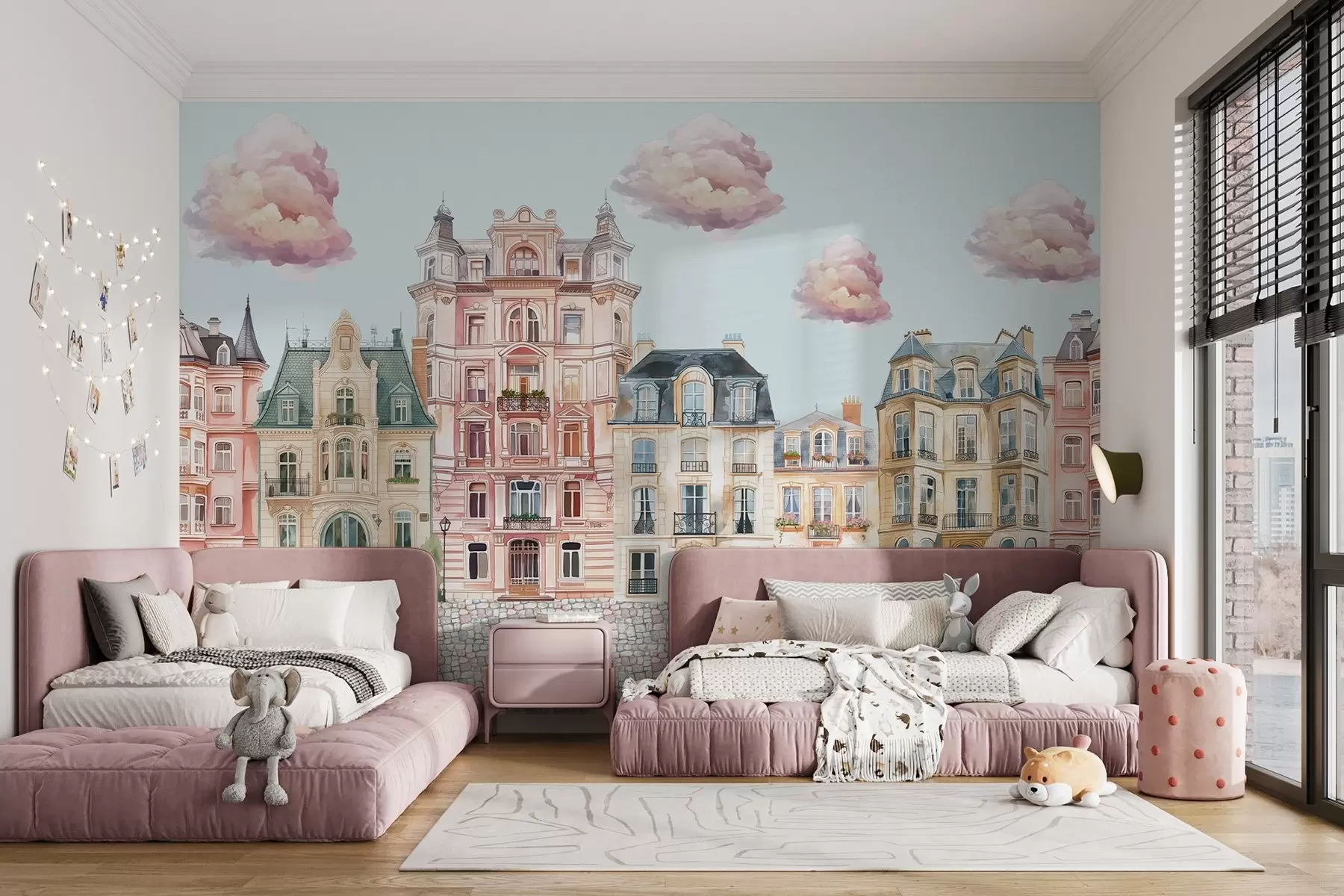 wall murals Colourful houses, clouds w04474