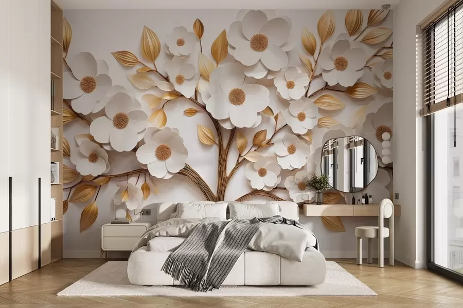 Wall Mural Photo Wallpaper Tree with white flowers and imitation of relief leaves w09348