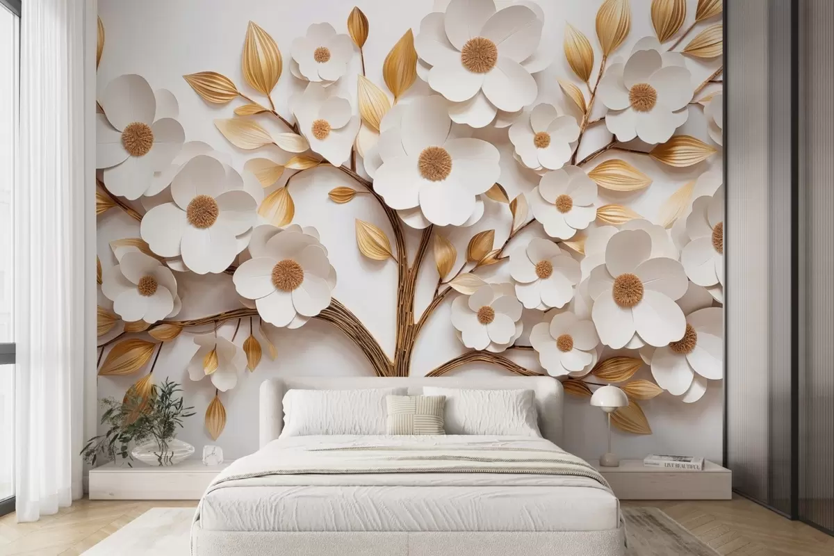 Wall Mural Photo Wallpaper Tree with white flowers and imitation of relief leaves w09348
