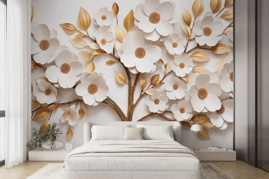 murales Árbol con flores blancas e imitación de hojas en relieve w09348