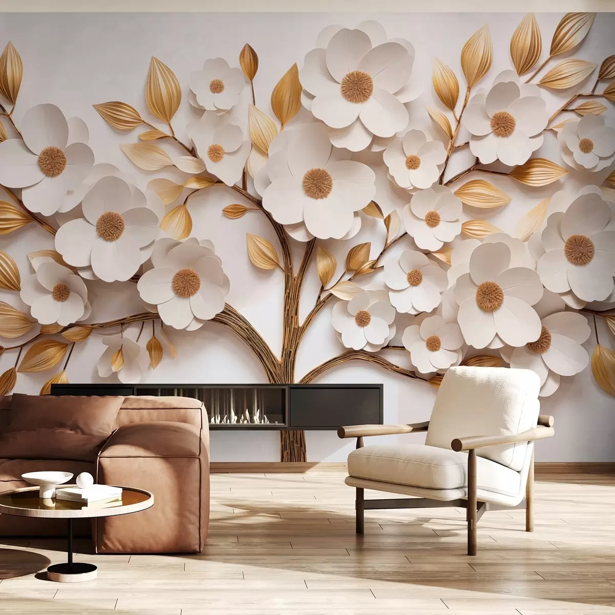 murales Árbol con flores blancas e imitación de hojas en relieve w09348
