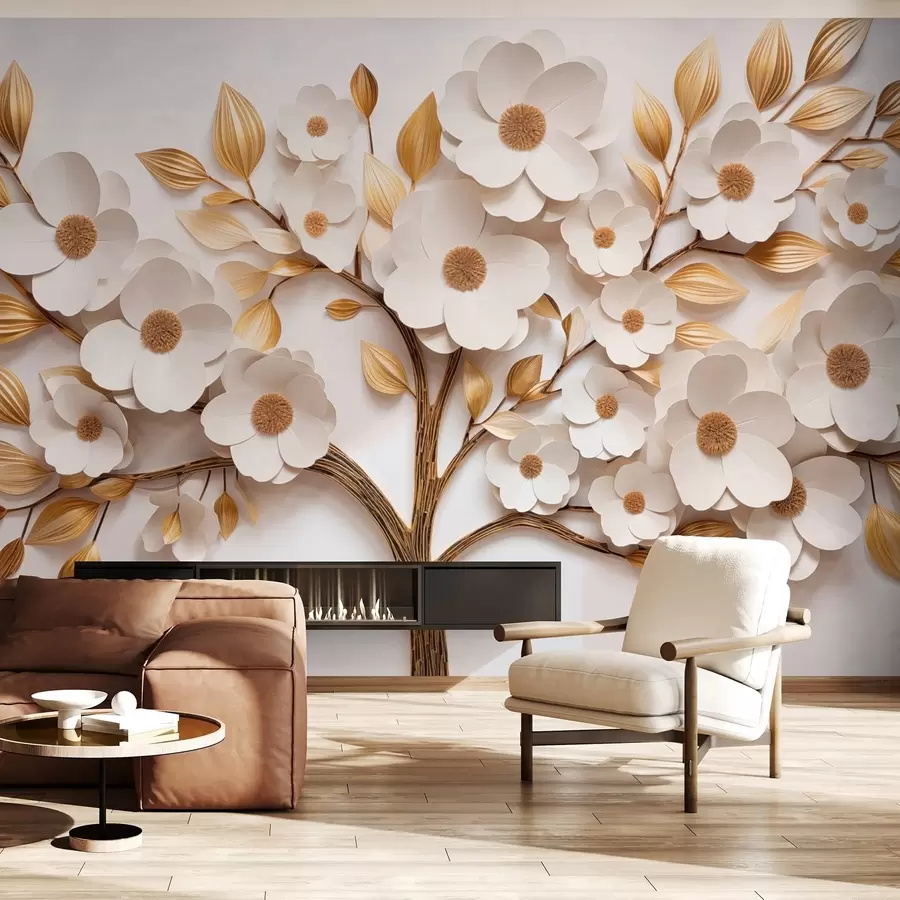 Wall Mural Photo Wallpaper Tree with white flowers and imitation of relief leaves w09348