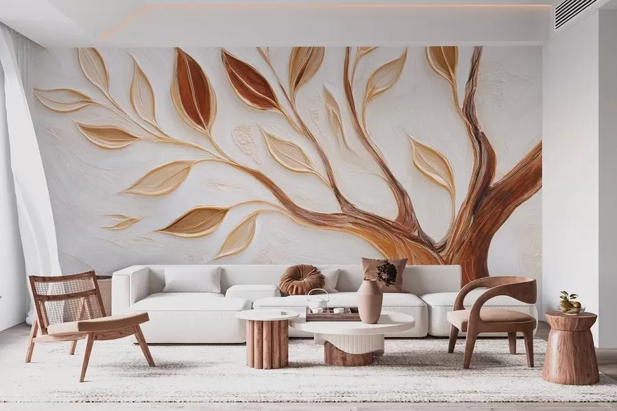 wall murals Decorative tree with leaves and imitation of a textured background w09349