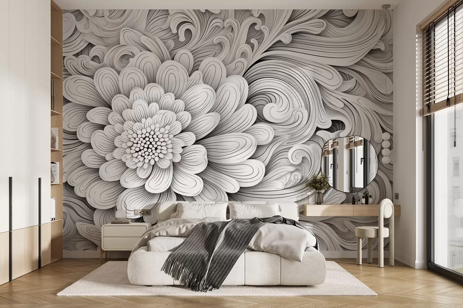 peintures murales Motif décoratif noir et blanc en forme de fleur et de tourbillons w09355