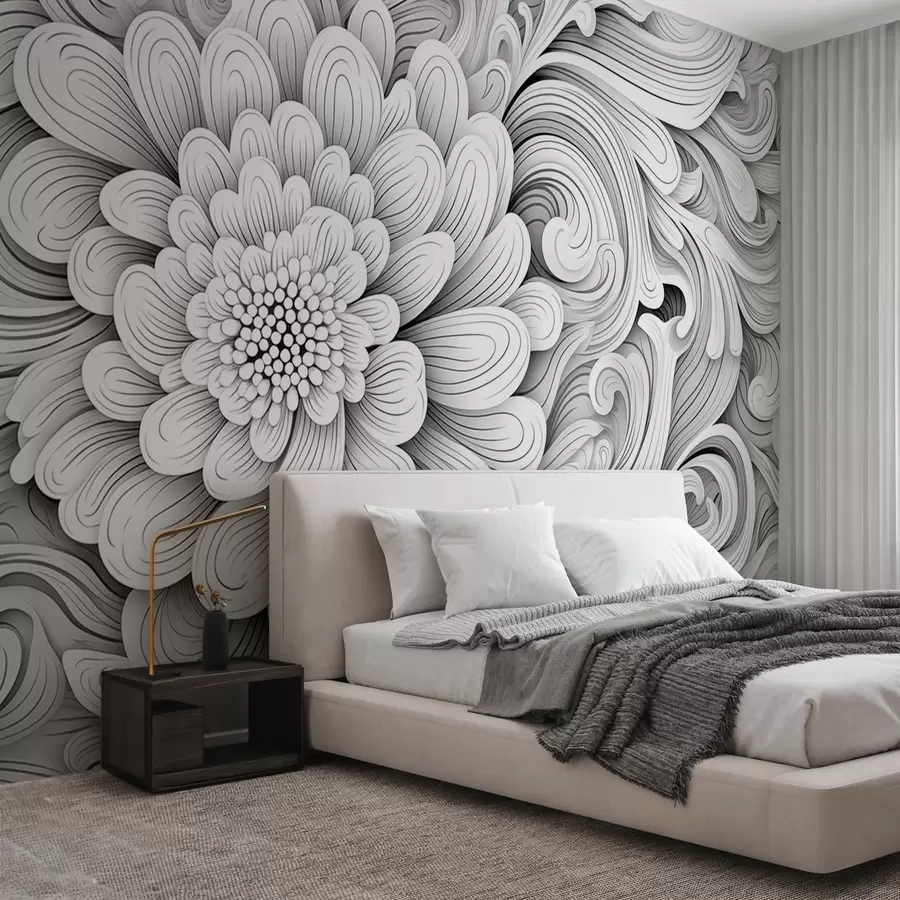 murales Motivo decorativo en blanco y negro en forma de flor y remolinos w09355