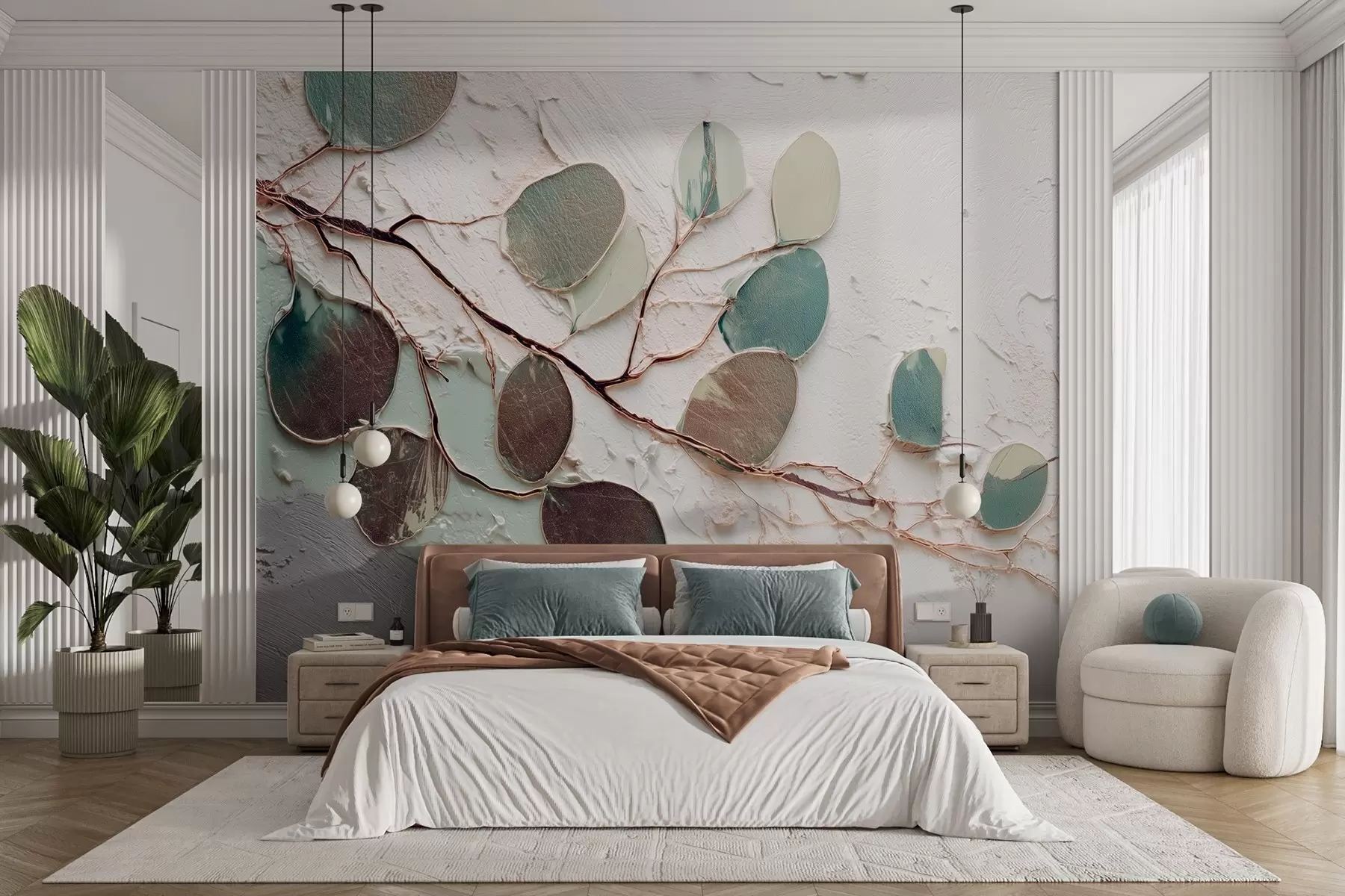 murales Árbol decorativo con hojas e imitación de fondo texturado w09357
