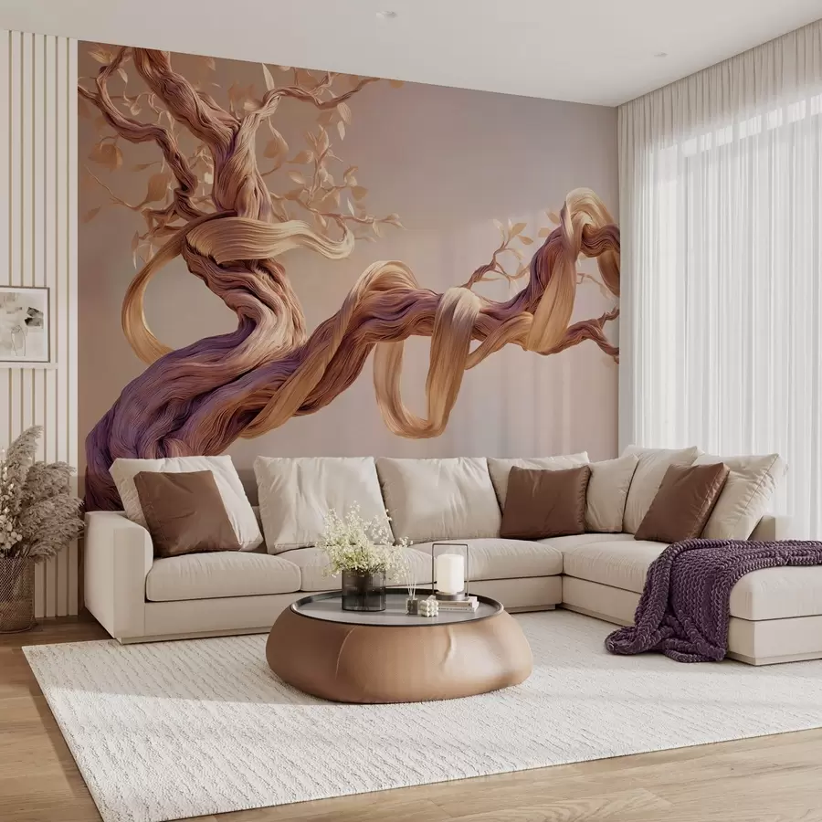 wall murals Twisted tree trunk with decorative leaves w09360