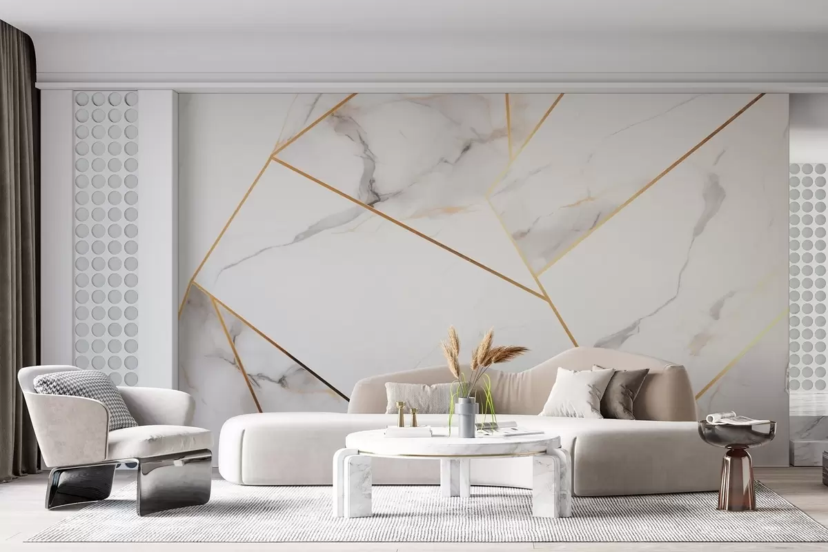 Wall Mural Photo Wallpaper Imitation of a marble surface with a yellow geometric pattern w09363