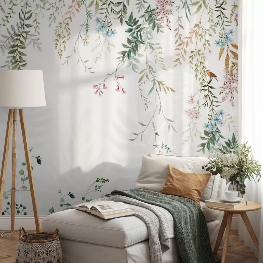 murais de parede Ilustração botânica com fetos, relva e plantas suspensas, em tons pastel, sobre fundo branco estilo aguarela texturada w09364