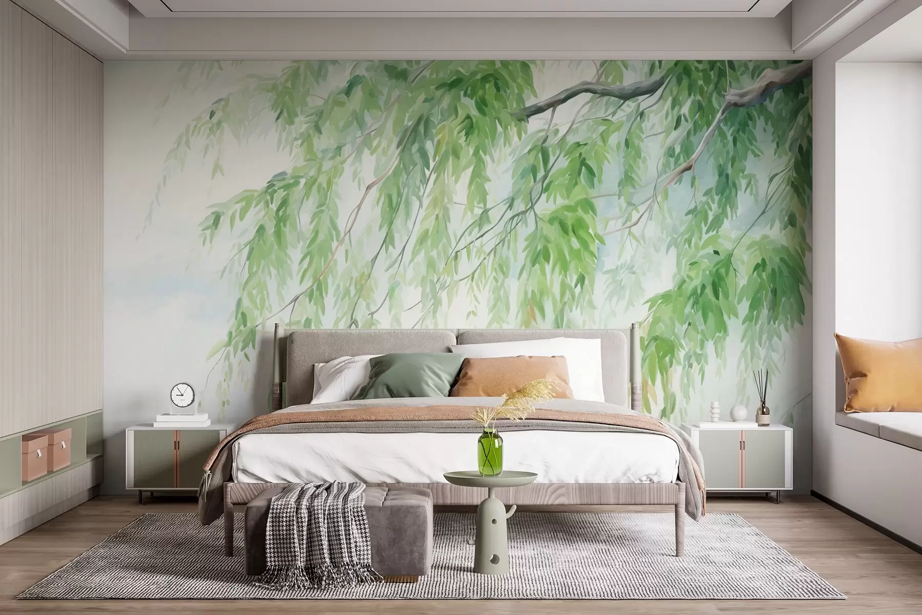 Wall Mural Photo Wallpaper Weeping willow branches with green leaves hanging down, soft and delicate brushstrokes, watercolor painting style w09365