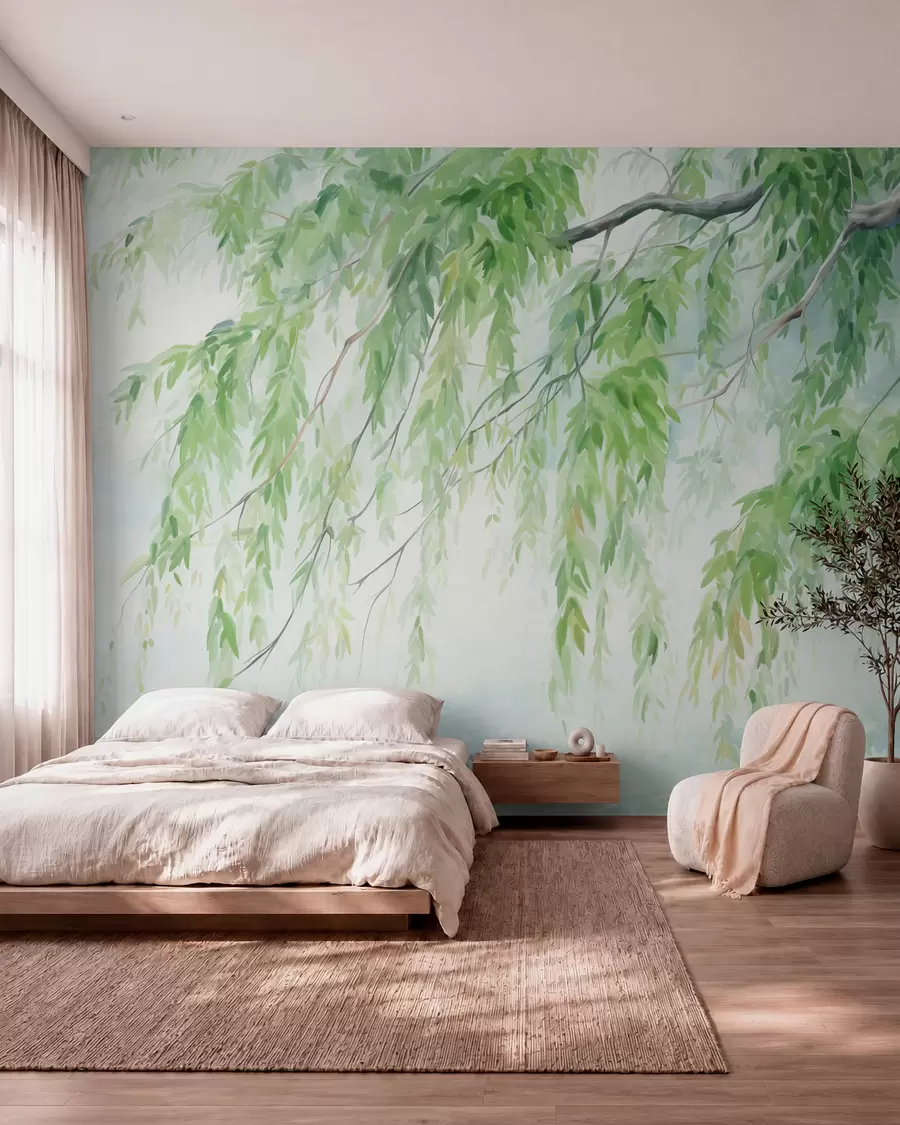 wall murals Weeping willow branches with green leaves hanging down, soft and delicate brushstrokes, watercolor painting style w09365
