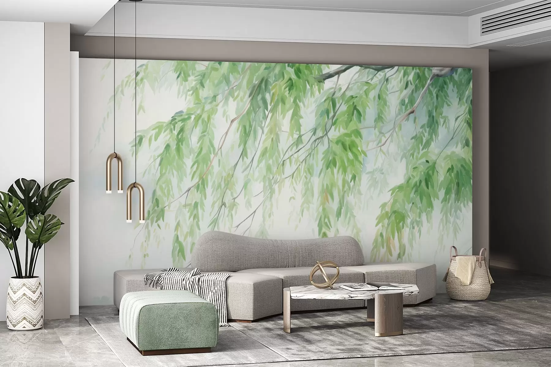 Wall Mural Photo Wallpaper Weeping willow branches with green leaves hanging down, soft and delicate brushstrokes, watercolor painting style w09365