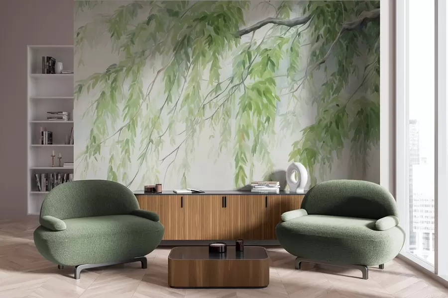 Wall Mural Photo Wallpaper Weeping willow branches with green leaves hanging down, soft and delicate brushstrokes, watercolor painting style w09365