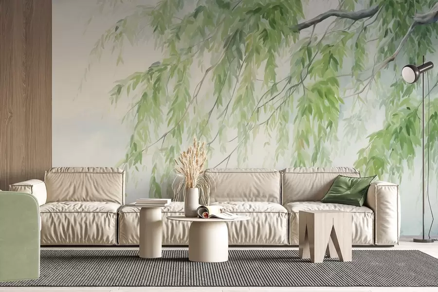 Wall Mural Photo Wallpaper Weeping willow branches with green leaves hanging down, soft and delicate brushstrokes, watercolor painting style w09365