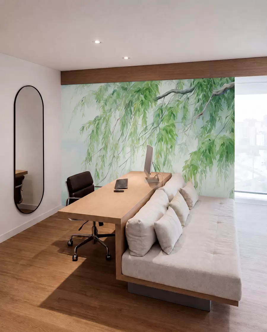 Wall Mural Photo Wallpaper Weeping willow branches with green leaves hanging down, soft and delicate brushstrokes, watercolor painting style w09365