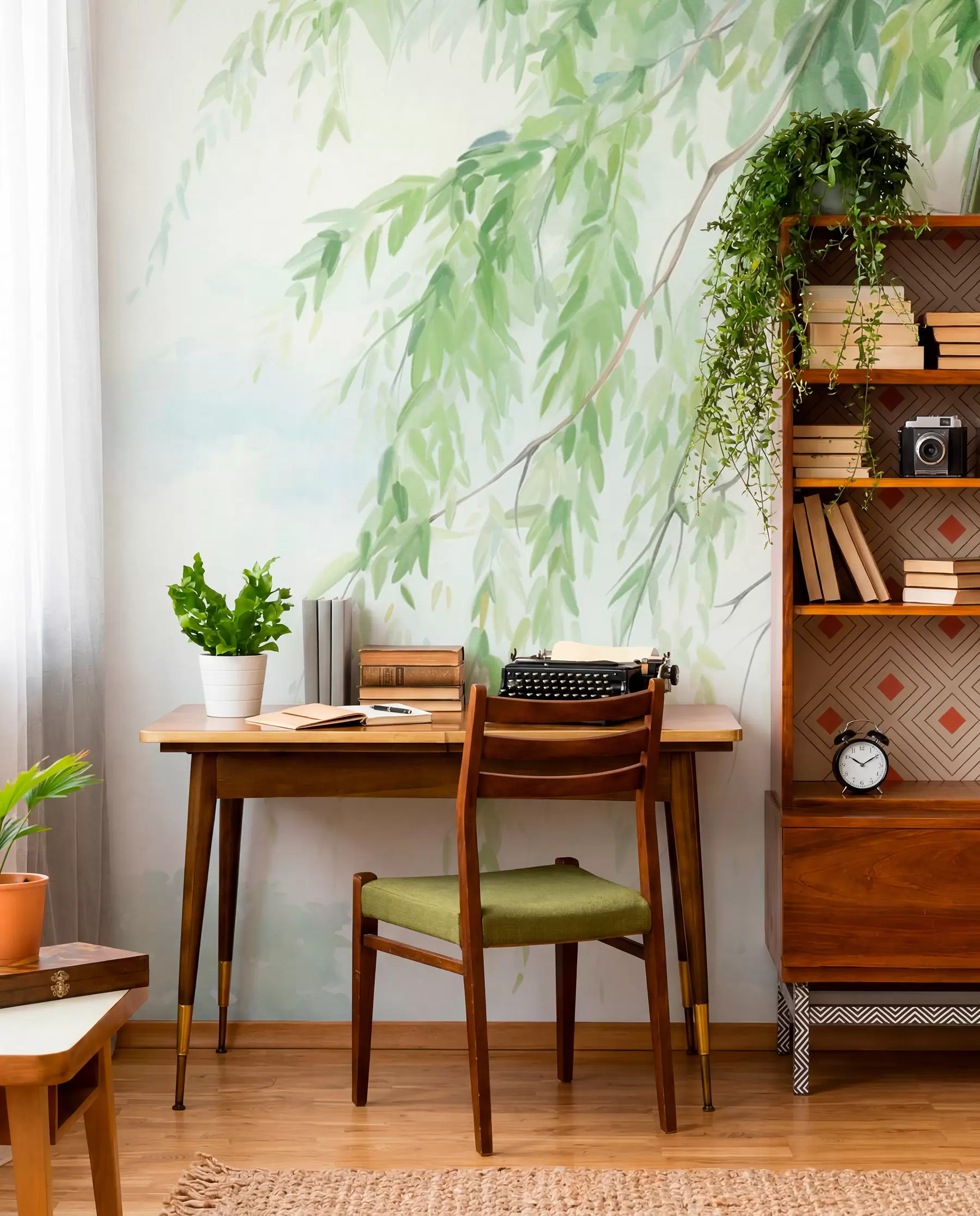 Wall Mural Photo Wallpaper Weeping willow branches with green leaves hanging down, soft and delicate brushstrokes, watercolor painting style w09365