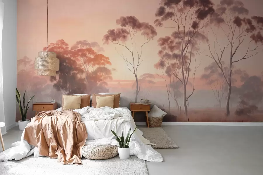 Wall Mural Photo Wallpaper A landscape with eucalyptus trees in a field with pastel pink and orange sky, a light mist, painting textured style w09367