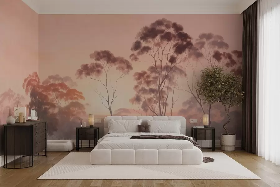 Wall Mural Photo Wallpaper A landscape with eucalyptus trees in a field with pastel pink and orange sky, a light mist, painting textured style w09367