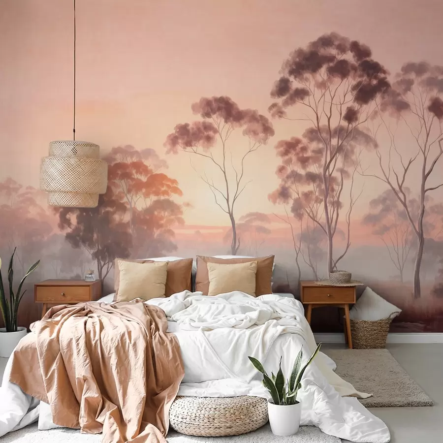 Wall Mural Photo Wallpaper A landscape with eucalyptus trees in a field with pastel pink and orange sky, a light mist, painting textured style w09367
