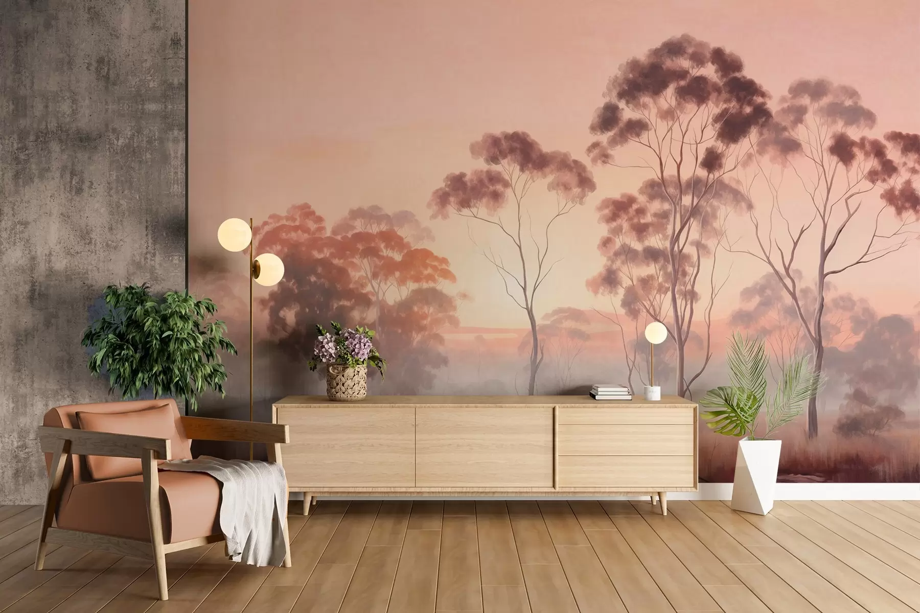 peintures murales Un paysage avec des eucalyptus dans un champ avec un ciel rose pastel et orange, une légère brume, peinture de style texturé w09367