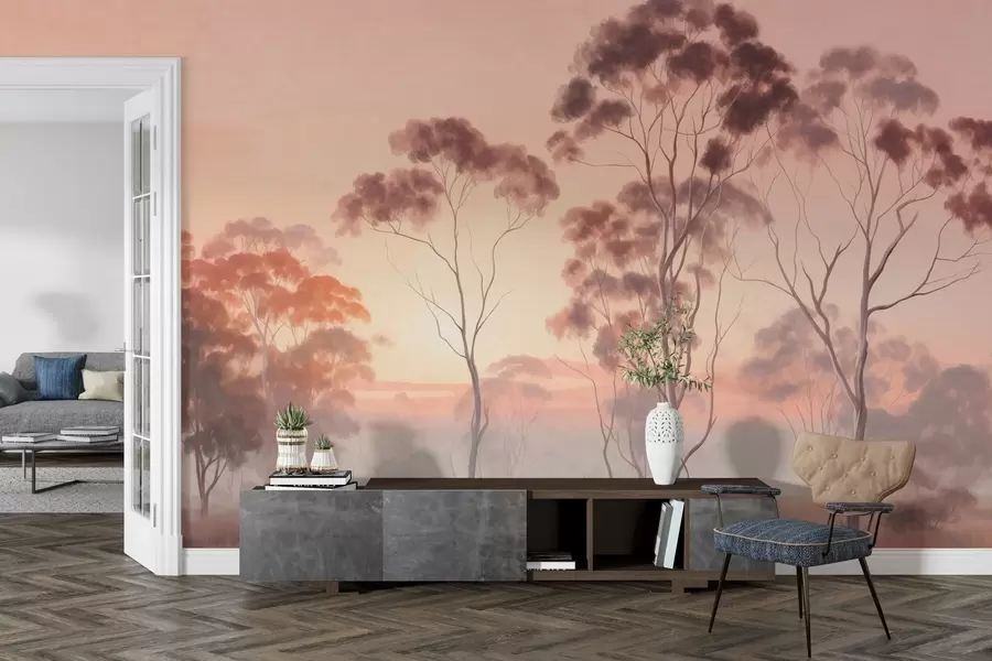 murales Un paisaje con eucaliptos en un campo con cielo rosa pastel y naranja, una ligera niebla, pintura estilo texturizado w09367