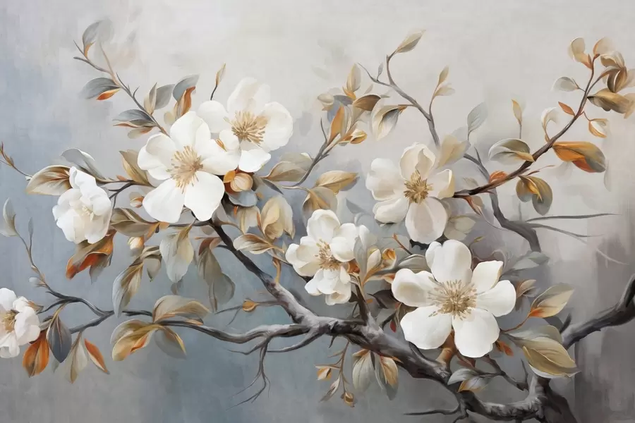 murales Flores blancas con pistilos amarillos en una rama de árbol con hojas, fondo claro, estilo de pintura vintage, impresión texturizada w09368