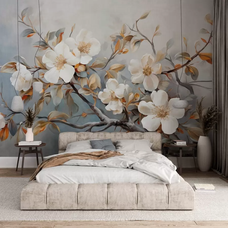 Wall Mural Photo Wallpaper White flowers with yellow pistils on a tree branch with leaves, light background, vintage painting style, textured print w09368