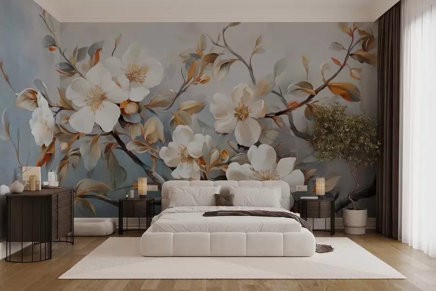 Wall Mural Photo Wallpaper White flowers with yellow pistils on a tree branch with leaves, light background, vintage painting style, textured print w09368