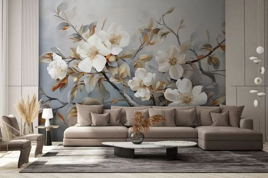 murales Flores blancas con pistilos amarillos en una rama de árbol con hojas, fondo claro, estilo de pintura vintage, impresión texturizada w09368