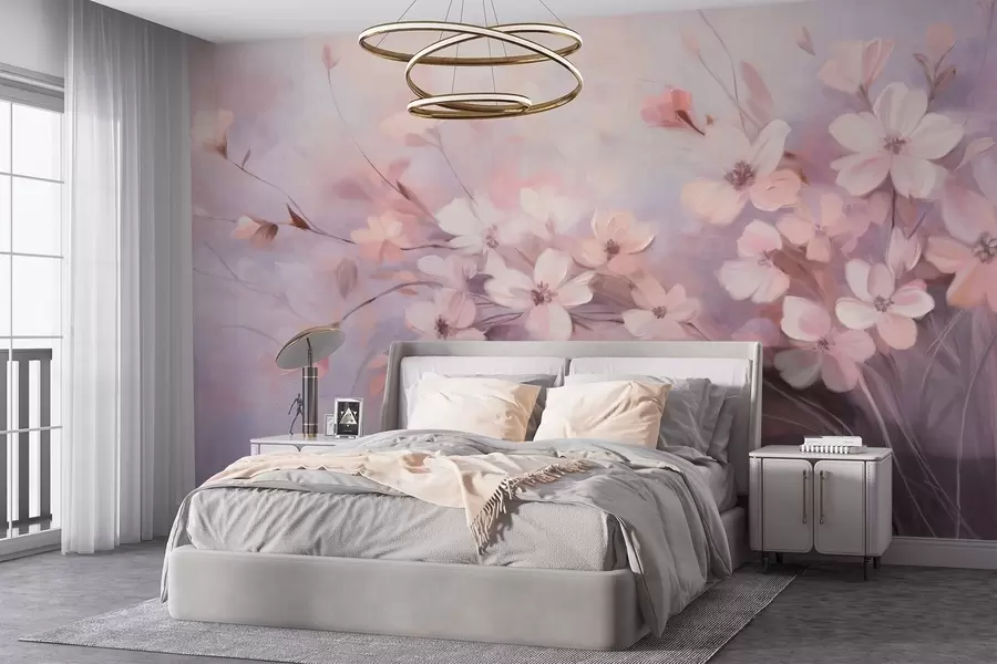 murales Un arreglo floral con delicadas flores de bordes suaves y difuminados, sobre un fondo pastel de tonos lavanda y rosa claro w09369
