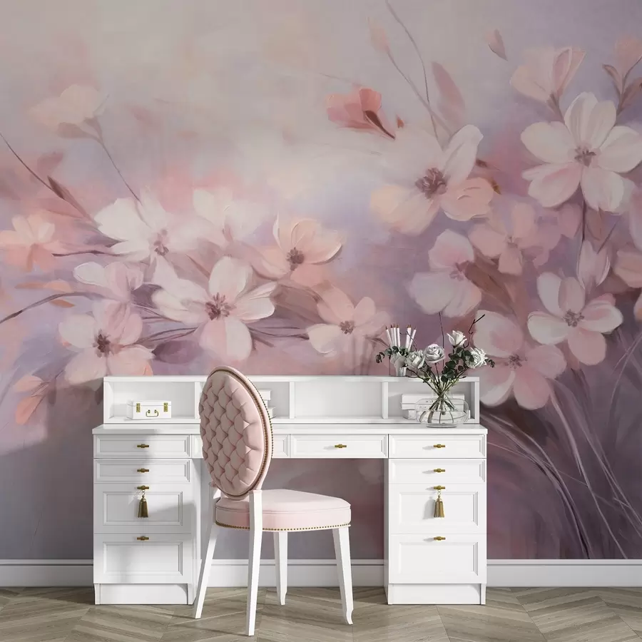 murales Un arreglo floral con delicadas flores de bordes suaves y difuminados, sobre un fondo pastel de tonos lavanda y rosa claro w09369