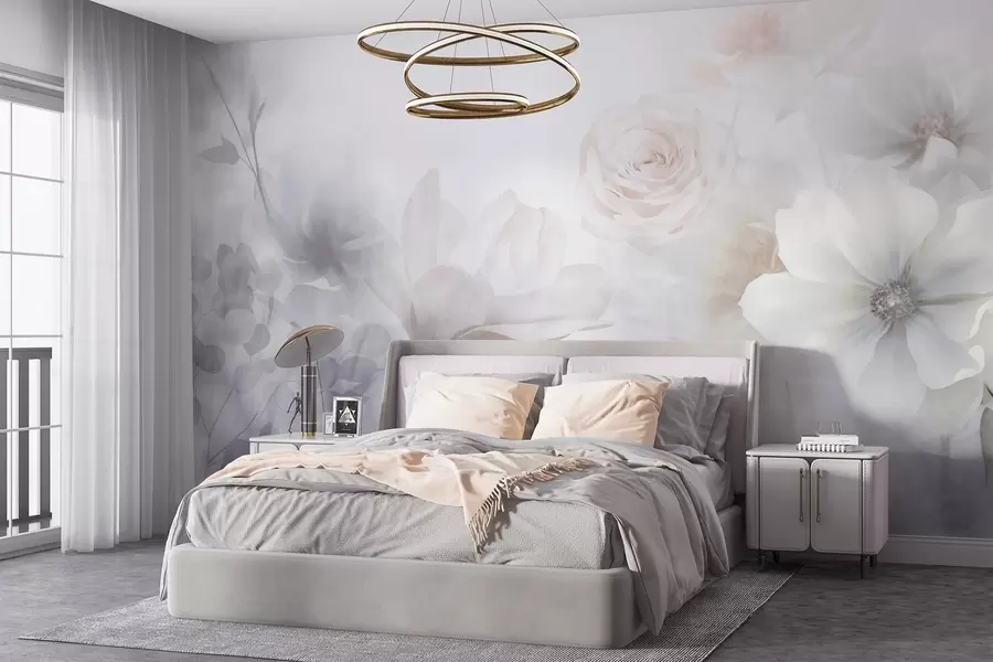 Wall Mural Photo Wallpaper A delicate abstract floral arrangement with pastel pink roses and magnolias, soft focus, light gray background w09371