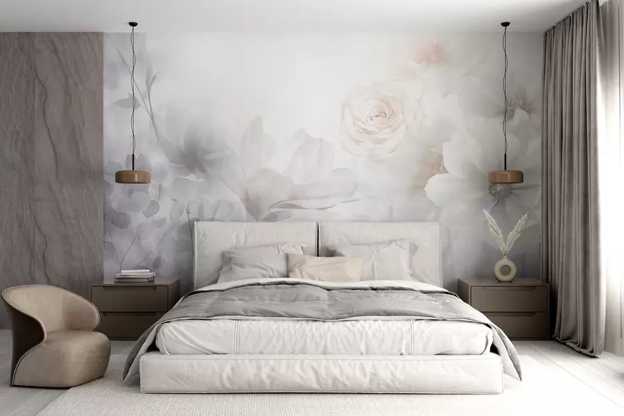 Wall Mural Photo Wallpaper A delicate abstract floral arrangement with pastel pink roses and magnolias, soft focus, light gray background w09371