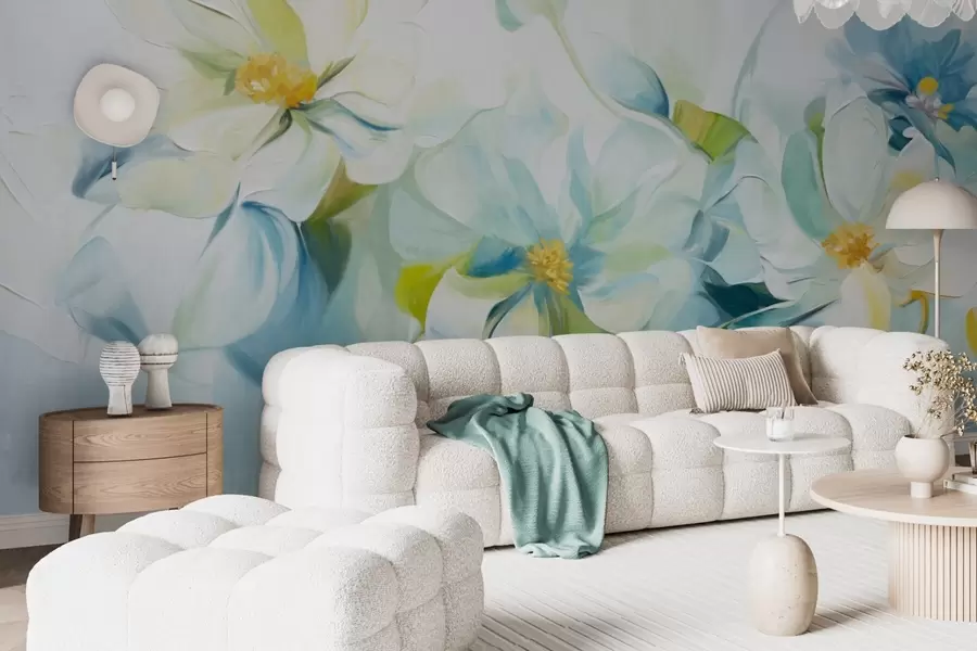 Wall Mural Photo Wallpaper Abstract white and blue flowers with yellow pistils and green leaves, in a white background, textured painting style w09372