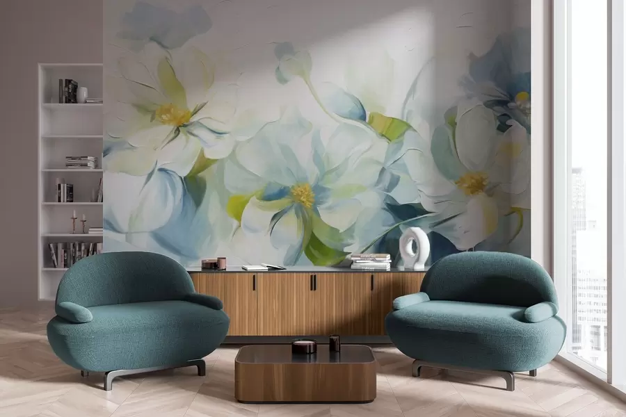 Wall Mural Photo Wallpaper Abstract white and blue flowers with yellow pistils and green leaves, in a white background, textured painting style w09372
