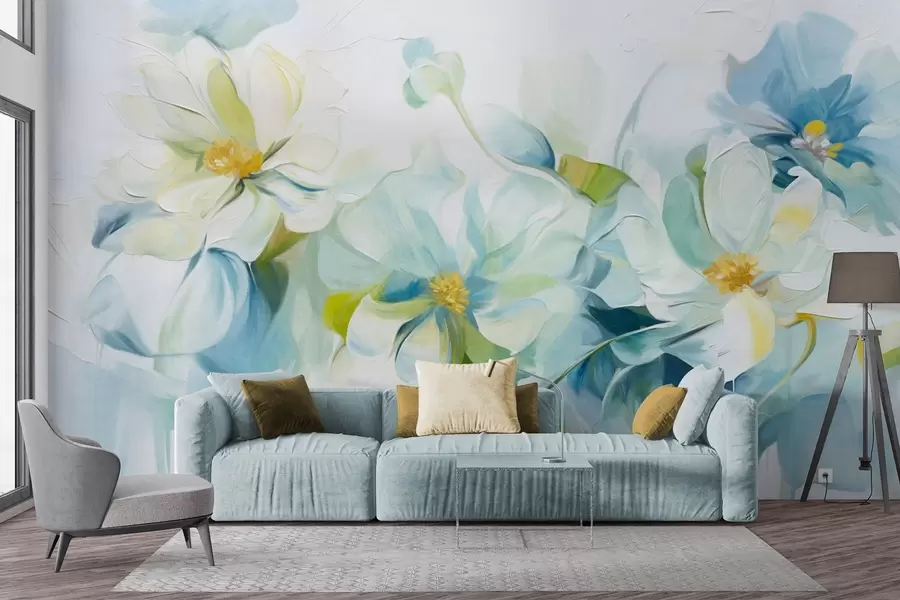 Wall Mural Photo Wallpaper Abstract white and blue flowers with yellow pistils and green leaves, in a white background, textured painting style w09372
