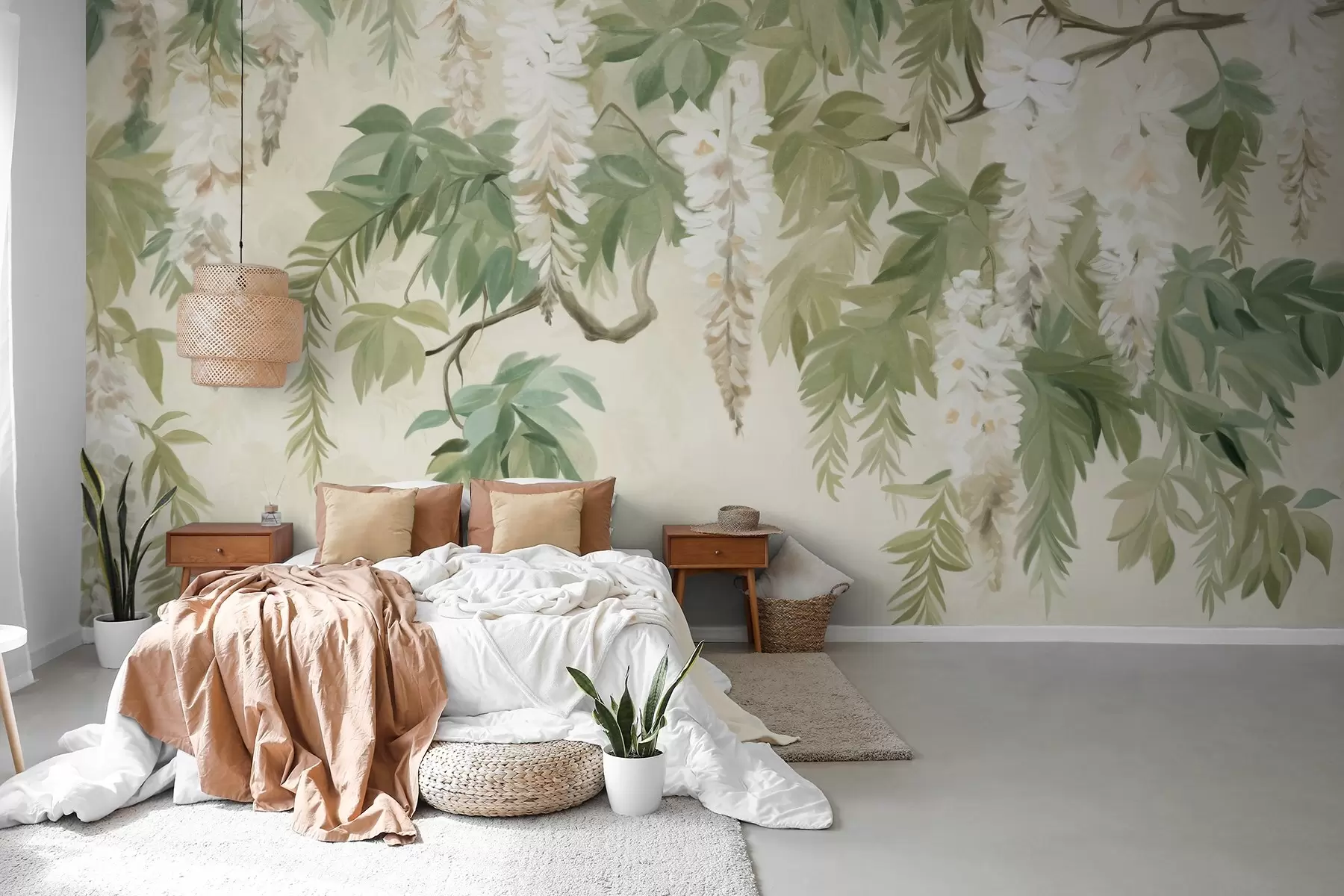 Wall Mural Photo Wallpaper Wisteria branches with white flowers and green leaves, green background, textured vintage painting style w09375