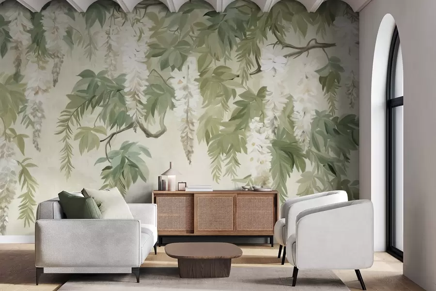 peintures murales Branches de glycine avec fleurs blanches et feuilles vertes, fond vert, style peinture vintage texturée w09375