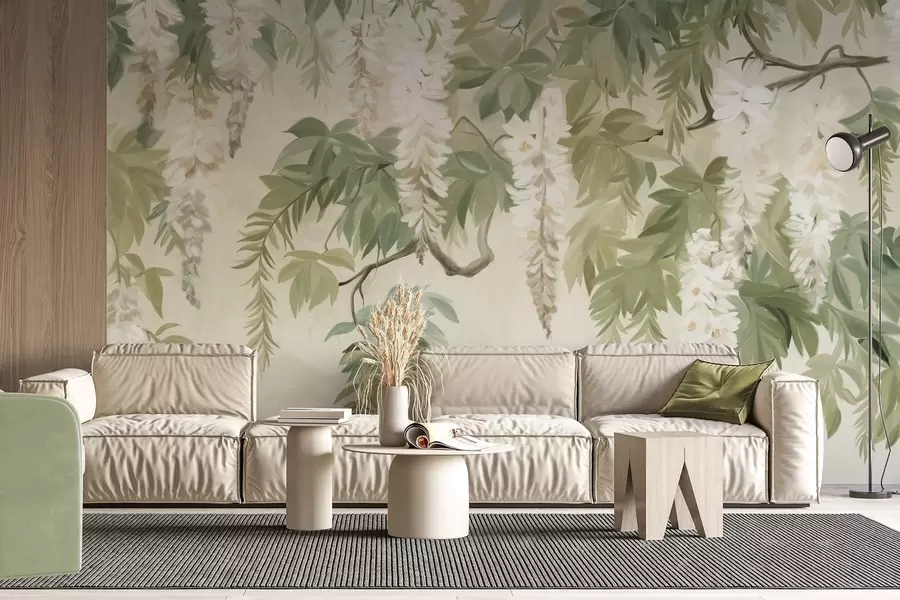 wall murals Wisteria branches with white flowers and green leaves, green background, textured vintage painting style w09375