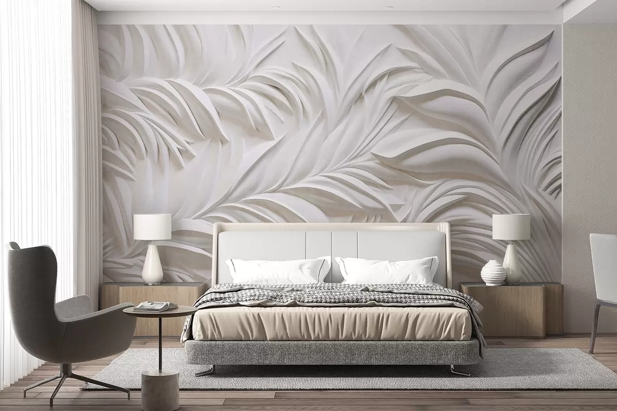 Wall Mural Photo Wallpaper Abstract textured white leaves and floral elements, minimalist aesthetic w09378