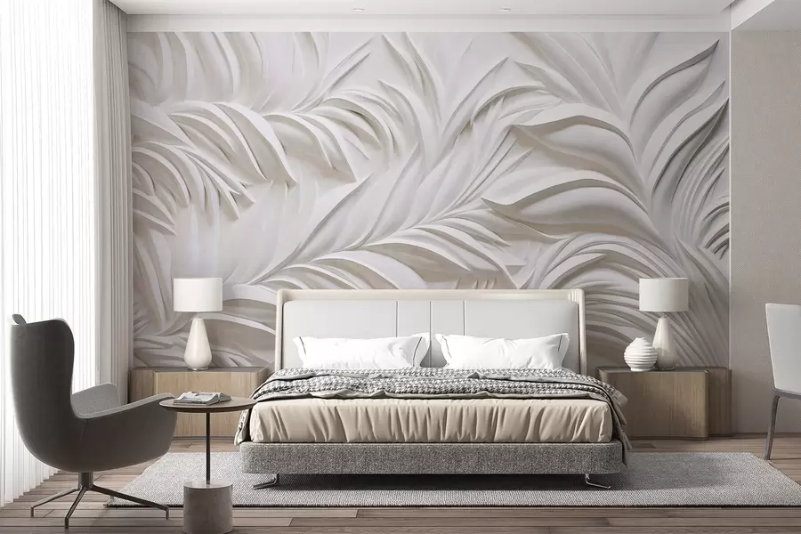 wall murals Abstract textured white leaves and floral elements, minimalist aesthetic w09378