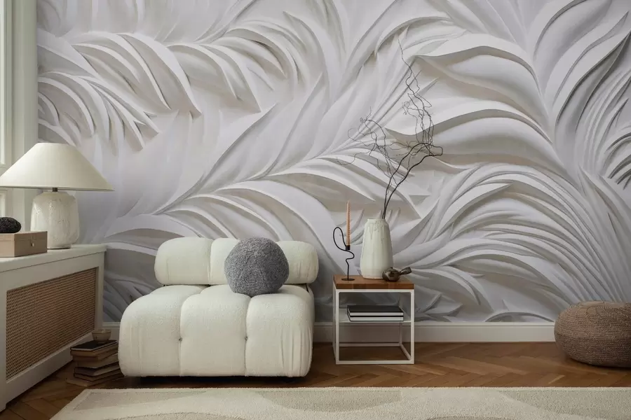 Wall Mural Photo Wallpaper Abstract textured white leaves and floral elements, minimalist aesthetic w09378