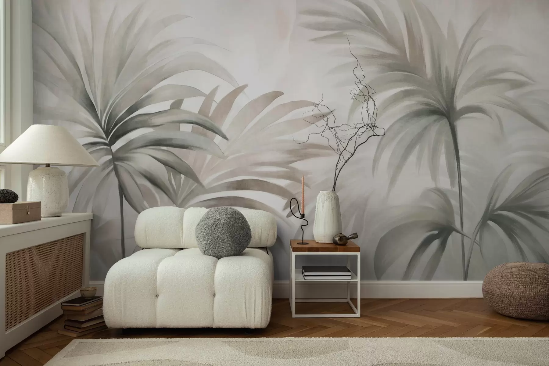 wall murals Palm tree textured leaves in neutral colors, beige abstract background, soft brush strokes, tropical textured foliage w09380