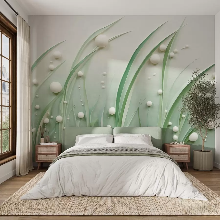 Wall Mural Photo Wallpaper Abstract green grass with white spheres, light green background, textured, clean lines, minimalist style w09382