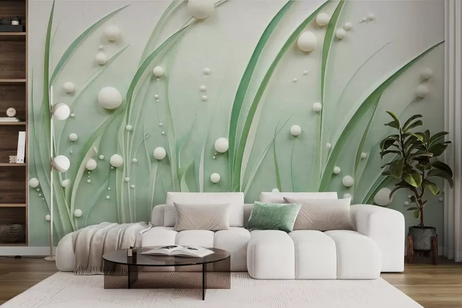 murais de parede Relva verde abstrata com esferas brancas, fundo verde claro, texturado, linhas limpas, estilo minimalista w09382