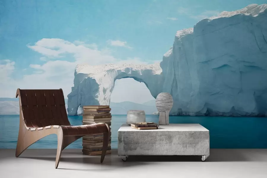 peintures murales Paysage avec pont de glace naturel au-dessus de l'océan, ciel bleu clair avec quelques nuages, impression texturée w09383