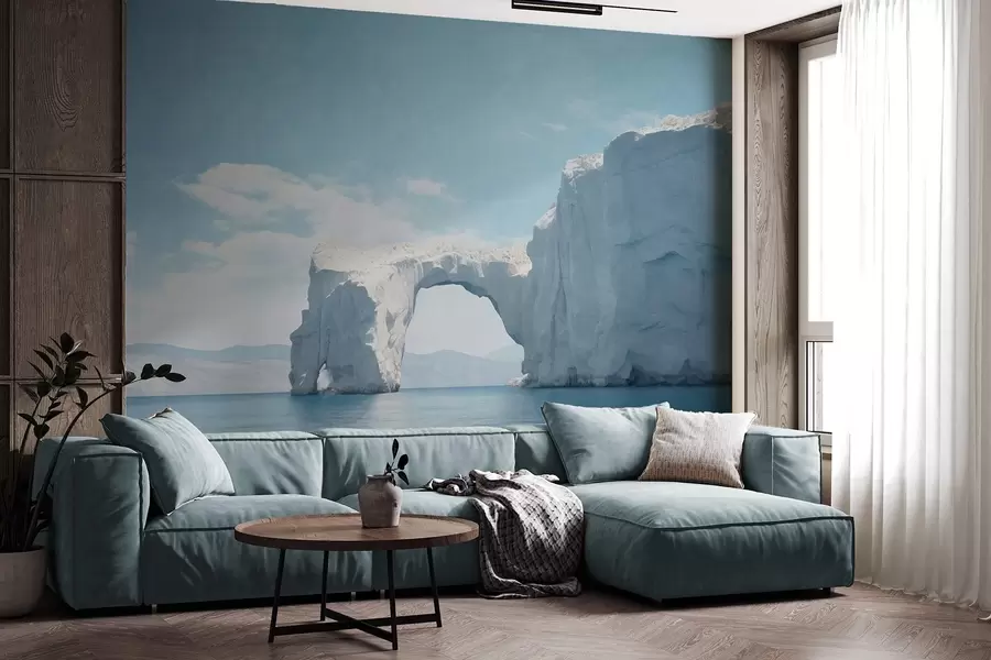 peintures murales Paysage avec pont de glace naturel au-dessus de l'océan, ciel bleu clair avec quelques nuages, impression texturée w09383