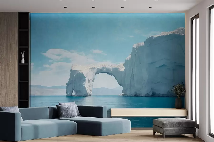 murais de parede Paisagem com ponte de gelo natural sobre o oceano, céu azul claro com algumas nuvens, impressão texturada w09383